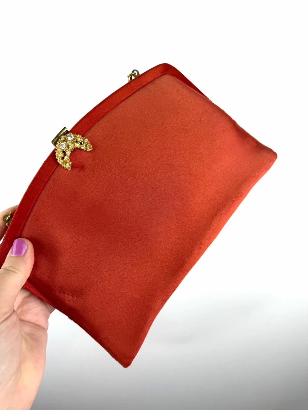 Vintage Rhinestone Clasp Evening Bag Rust Satin Clutch La France Handbag